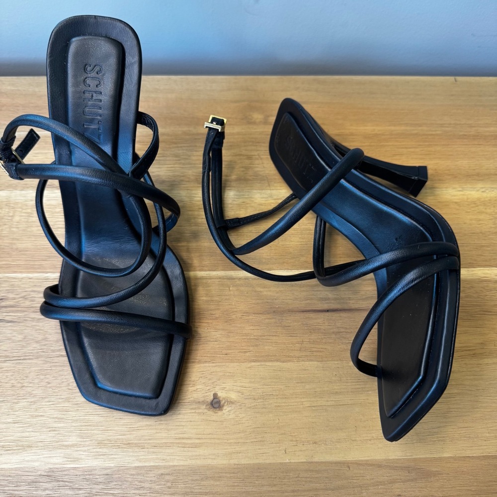 Schutz Lovi Women 7.5 B Black Leather Strappy Square Toe Flared High Heel Sandal